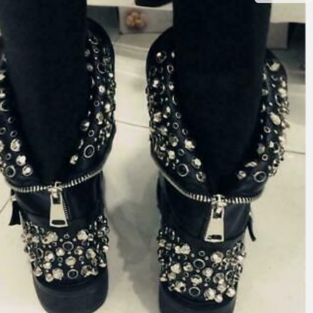 SOLD MERCARI-Punk Rivet Rhinestone Mid Calf Leather Boots - Picture 7 of 10